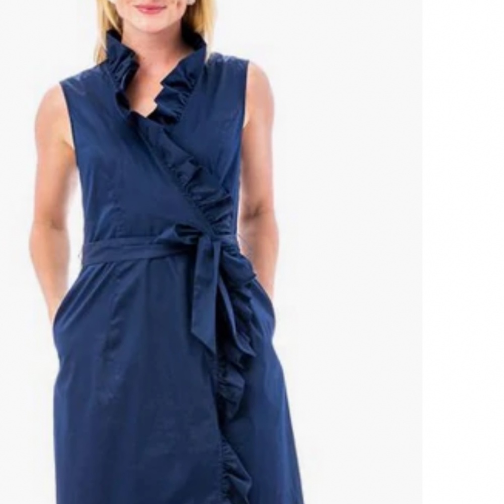Elizabeth McKay ruffled sleeveless wrap dress in navy. Worn 1x‎